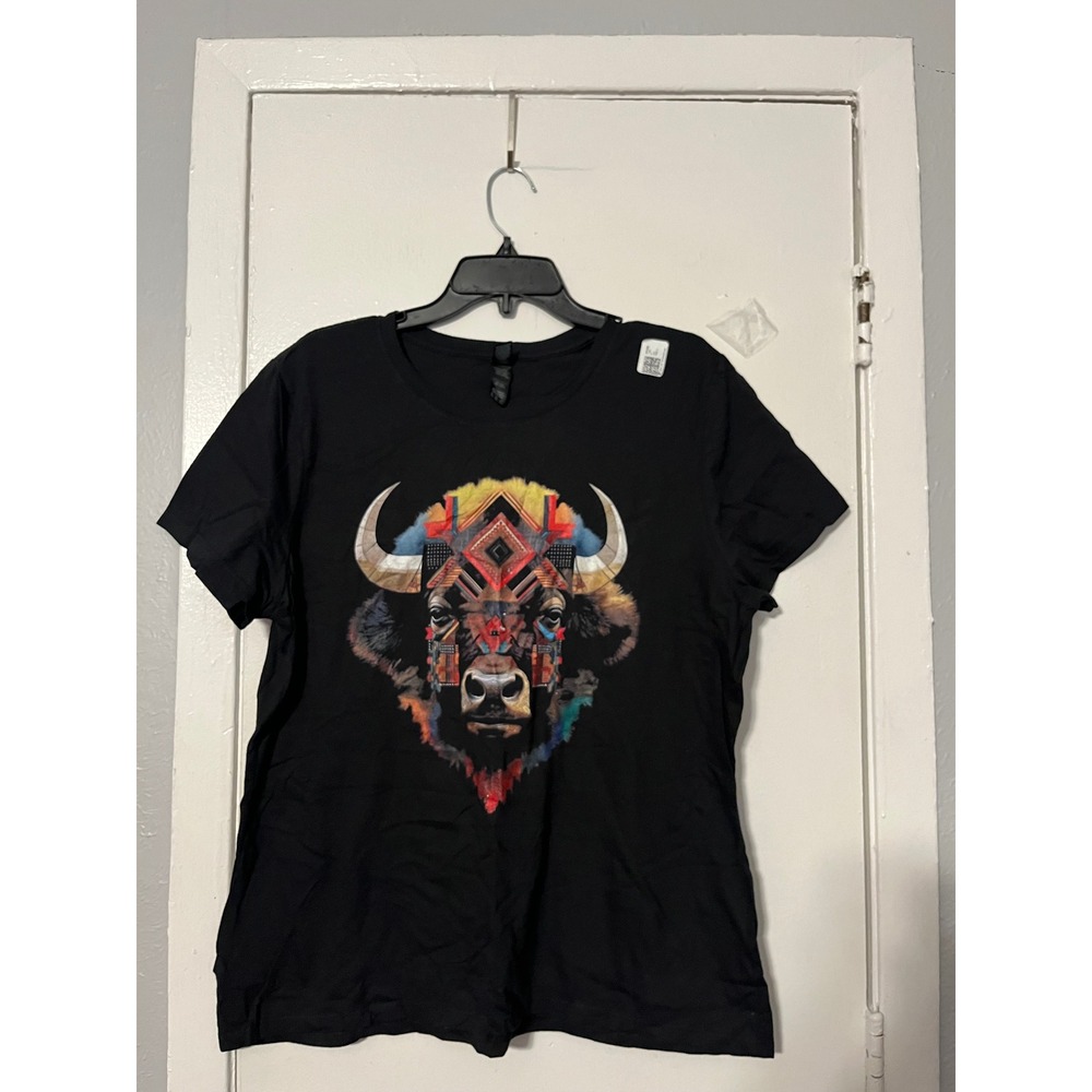 Gildan Mens XL Black Bison Graphic Tee Southwestern Geometric Buffalo T-Shirt